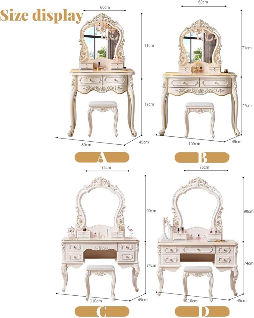 Cushioned stool and ornate molded legs of LVYWEX mirrored vanity table