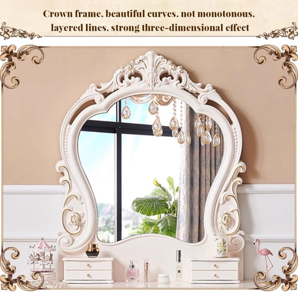 Mirrored dressing table with open drawers showing organized storage compartments