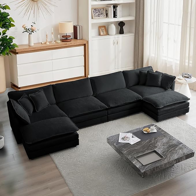 Close-up showing soft grey chenille fabric of Mikibama sectional sofa.