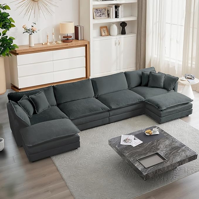 Mikibama U-shape sectional sofa in dark grey chenille fabric.